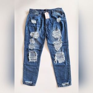 Missguided Plus Blue Distressed Ankle Jeans Womens 14 NWT